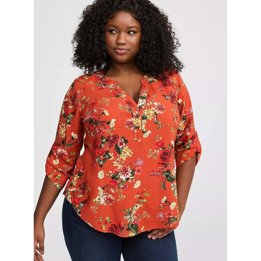 Torrid Harper Challis 3/4 Sleeve Top Burnt Orange Floral Roll Sleeve Blouse 3X